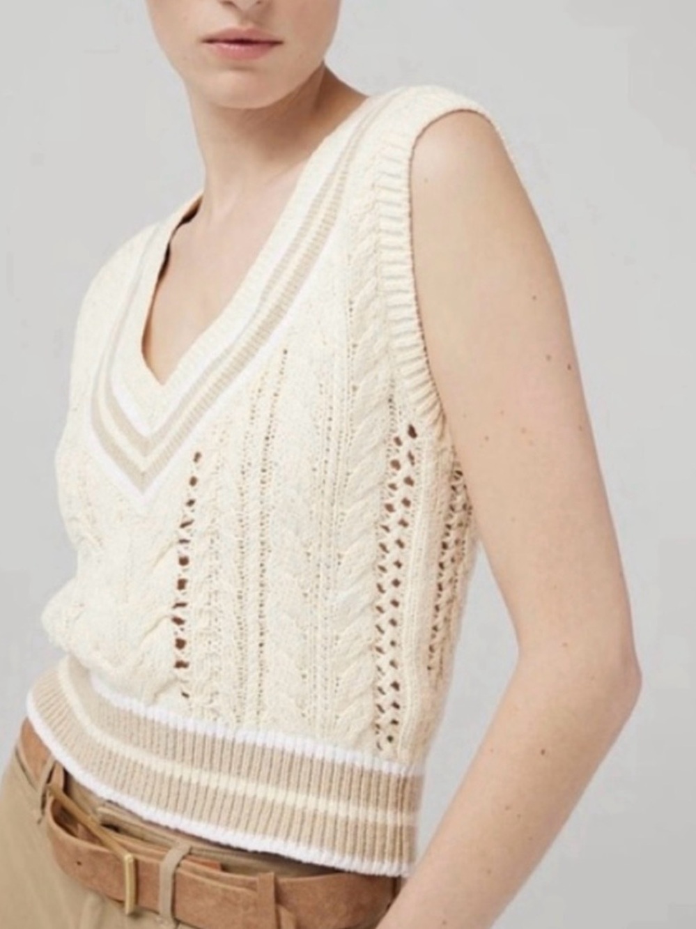 Rag & Bone Brandi Slim Vest Ivory Cable Knit Sweater Preppy Coastal Grandmacore
